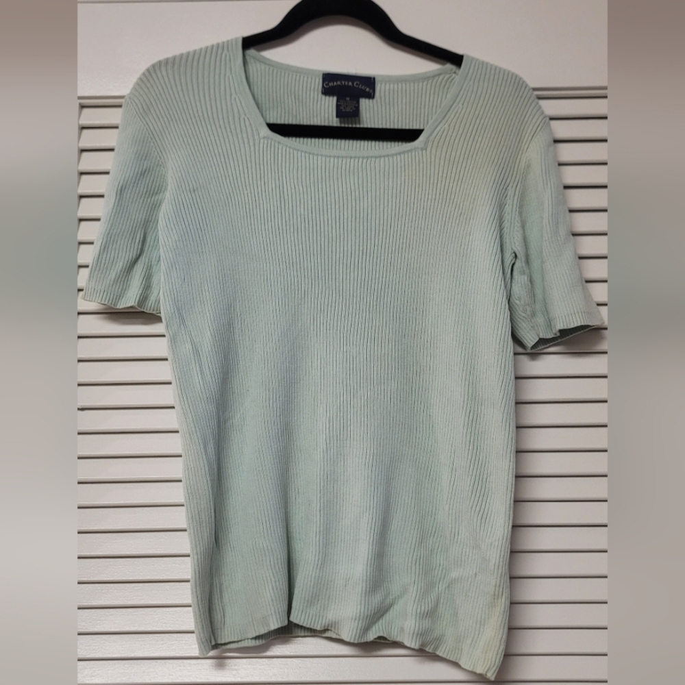 Charter Club - 100% Cotton Seafoam Green Ribbed Square Neckline Top